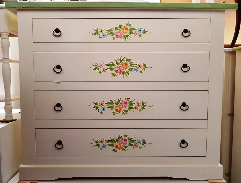 CASSETTIERA COMO' DECORATO SHABBY FIORI ARTE POVERA CLASSICO cm 115X50X90H - Immagine 2 di 3