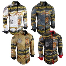 Mens Shirt Designer Animal Print Gold Leaf Foil Overlay Stretch Slim Fit Button