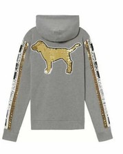 VICTORIA'S SECRET PINK Full Zip BLING GOLD SEQUIN PERFECT HOODIE GRAY XS S M L