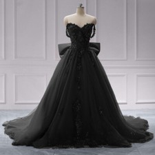 Black Lace Wedding Dress with Bow Long Train Black Gothic Beaded Flower Tulle