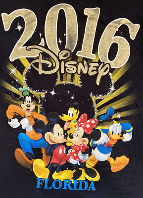 Disney 2016 Florida Youth Mickey Donald Pluto Goofy Black & Gold ~ Size Small T