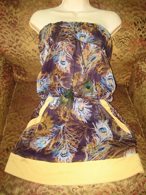 Peacock feather print and feather trim lined strapless dress sz S/P Forever 21 | eBay Peacock feather print and feather trim lined strapless dress sz S/P Forever 21 | eBay