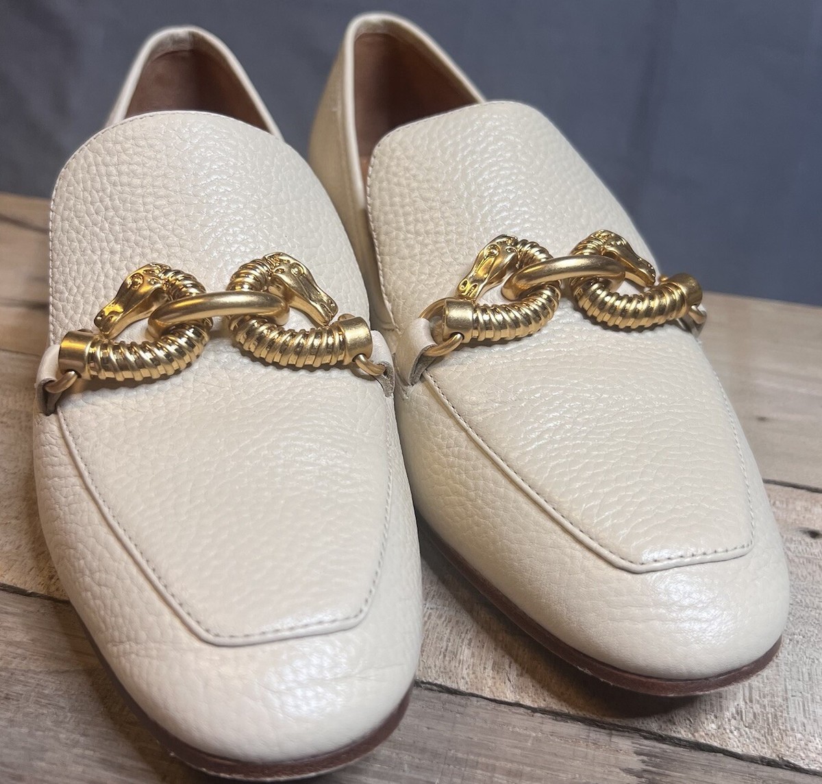 Tory Burch Womens Jessa Loafers Shoes Cream Tumbled Leather