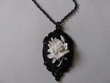 White Rose Cameo Pendant Necklace black chain Victorian Gothic Rockabilly