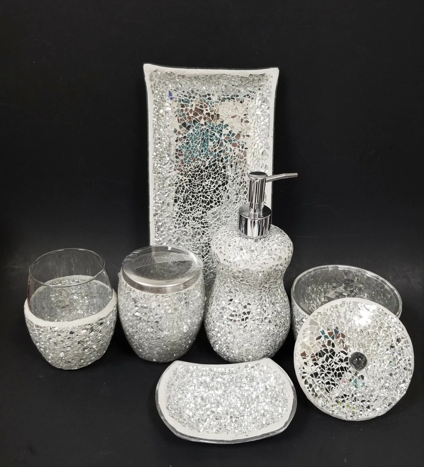 6 PC Argento Vetro Mosaico Riflettente Dispenser, Vassoio+Barattolo+Piatto+ - Immagine 4 di 4