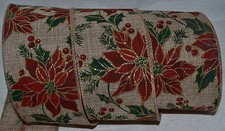 Wired Ribbon Christmas Poinsettia 2.5" Country Tan Gold Sparkle Holiday Holly