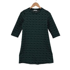 Zara Trafaluc Dress Women Small Green Black Geometric Print Crew Neck 3/4 Sleeve