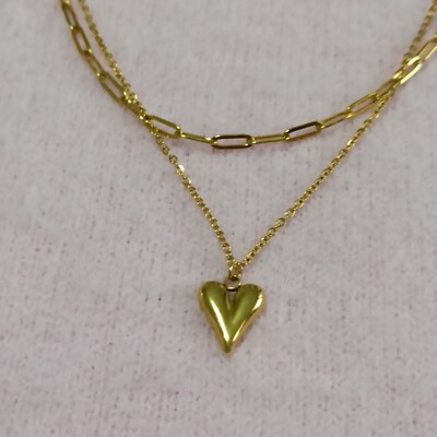 Doppelkette Stahl mit Anhänger Herz Farbe Gold J00014