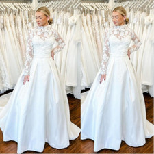 Boho Long Sleeves Wedding Dresses With Satin High Neck A-line Lace Bridal Gowns