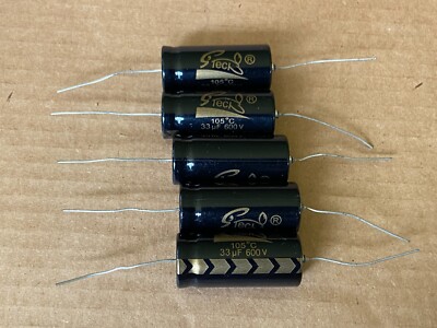 5 New Supertech 33 uf 600v Axial Capacitors Guitar Tube Amp & Radio Caps (Qty)