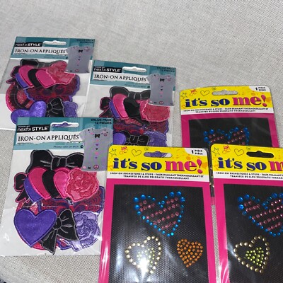 LOT 3 X 12 Plus 3 Next Style Iron on Studs Rhinestones Heart Rose Bow