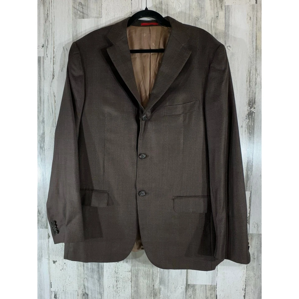 Isaia Napoli Blazer Sport Coat Size 54 (US44) Wool Silk Blend Brown Glen Check - Image 2 of 4