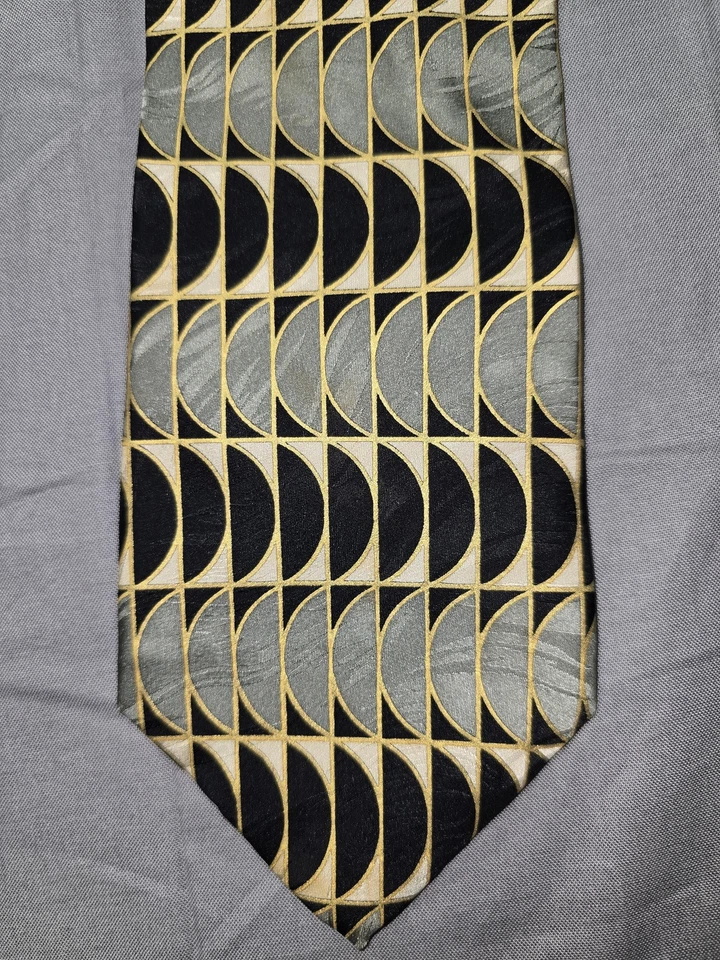 Corbata Enzo Felini Para Hombre Seda Negra Gris Dorado Geométrica Hecha a Mano Patrón Roma París Foto 3 de 4