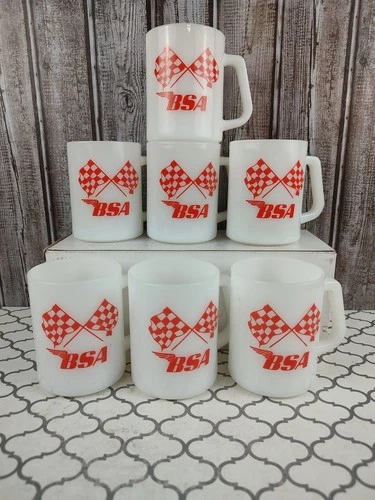 Vtg. Federal White Milk Glass BSA Motorcycle  Coffee Tea Cup Mug Set 7 Man Cave