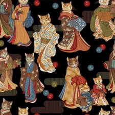 Feline Drive Fabric TOKYO FUR-TALES Ginza Whiskers Cats Black - Sold by the Yard