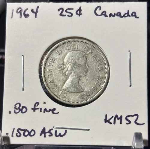 1964 Canada 25 Cents Elizabeth II - .800 Fine Silver - .1500 ASW - KM 52 - Nice