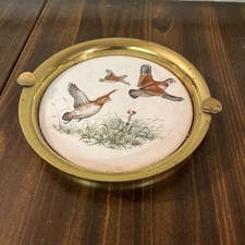 Unique Ashtray Vintage Mallard Ducks 7” Round Metal Outside Ceramic Inside