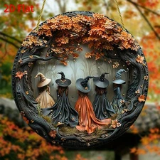 2D Halloween Autumn Witches Round Hanging Ornament Fall Maple Leaf Home Decor