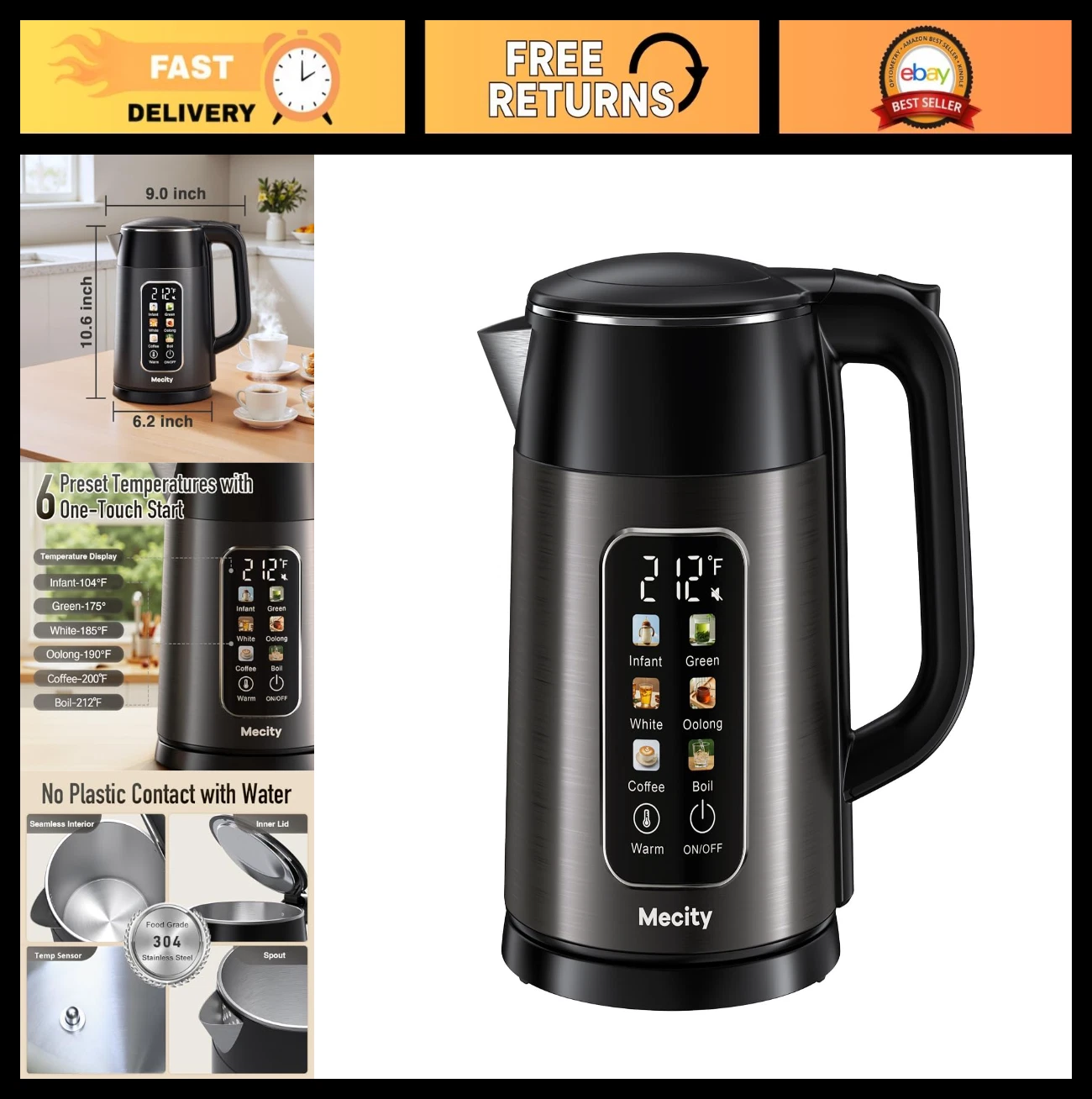 1.7L Electric Kettle with Touch Screen, Temperature Control, 6 Presets, Auto Shu