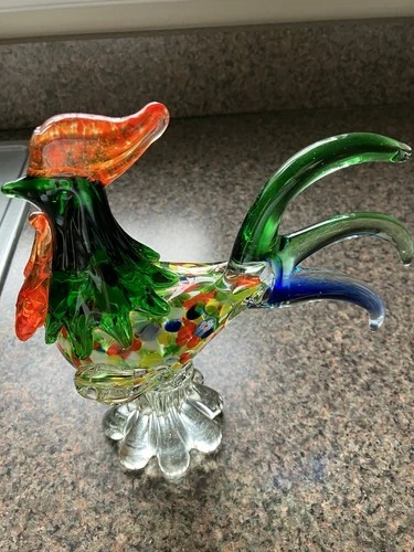 Vintage Murano Style Hand Blown Glass Rooster 8" Tall Colorful