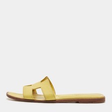 Hermes Oran Size 38 Lime Yellow Leather Flat Slide