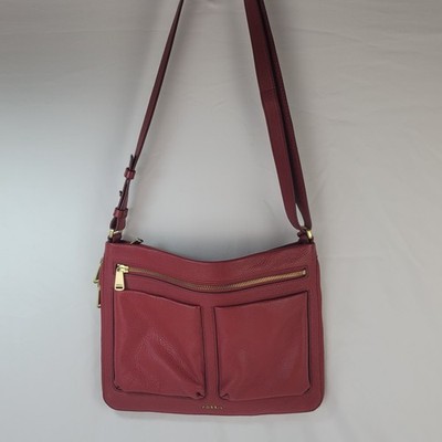FOSSIL Expandable PIPER Crossbody Shoulder Bag Red Pebbled Leather super clean