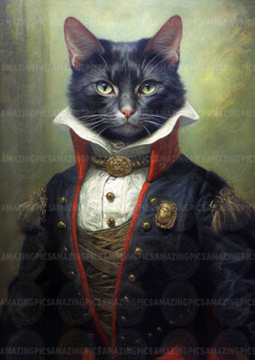 Regal Katze Portrait Kunstdruck aristokratischer Offizier lustige Deko K02
