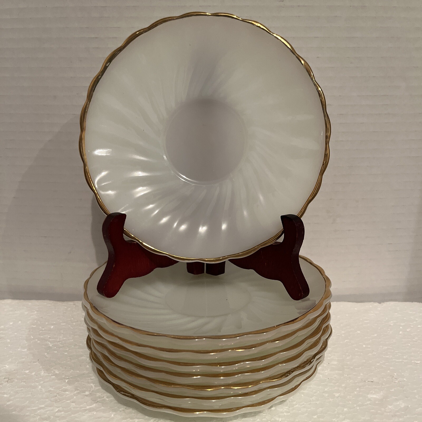 8 Vintage Anchor Hocking FireKing Swirl Milk Glass Saucer Plates 6” As