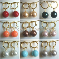 New 12mm South Sea Multicolor Round Shell Pearl Gold Leverback Dangle Earrings