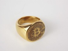 Signet Ring Bitcoin Lucky Money Stainless Steel Gold Size 5 J1/2 Pinky Finger