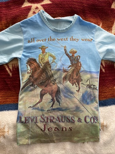 Camiseta vaquera vintage Levi's azul todo el oeste años 70 blanca pestaña occidental