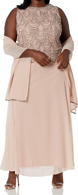JKara Sleeveless Scallop Long Beaded Dress Gown Blush/Mercury Womens Petite 6p