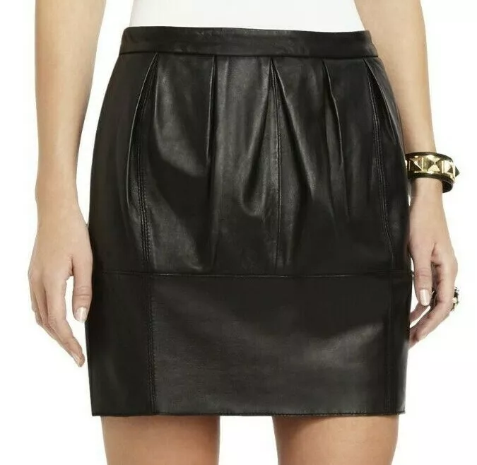 BCBG Maxazria Avara Lamb Leather A Line Boxed Pleats Paneled Black Skirt M 398
