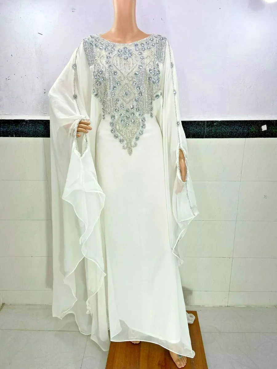 WHITE DUBAI ARABIAN MOROCCAN KAFTANS ABAYA FARASHA DRESS FANCY LONG GOWN MS 245