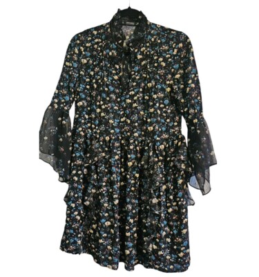 Zara Basic Black Dress XS Flowy Flounce Sleeves Black Floral Ruffles Whimsy Goth