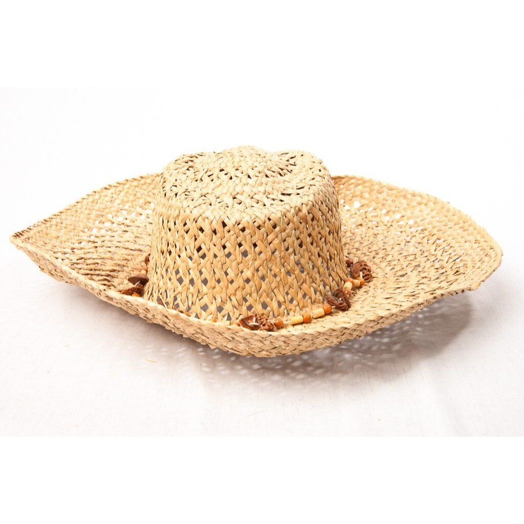 Hand Woven Straw Hat Extra Wide Brim Beaded & Wood Band Vtg  display picture 1
