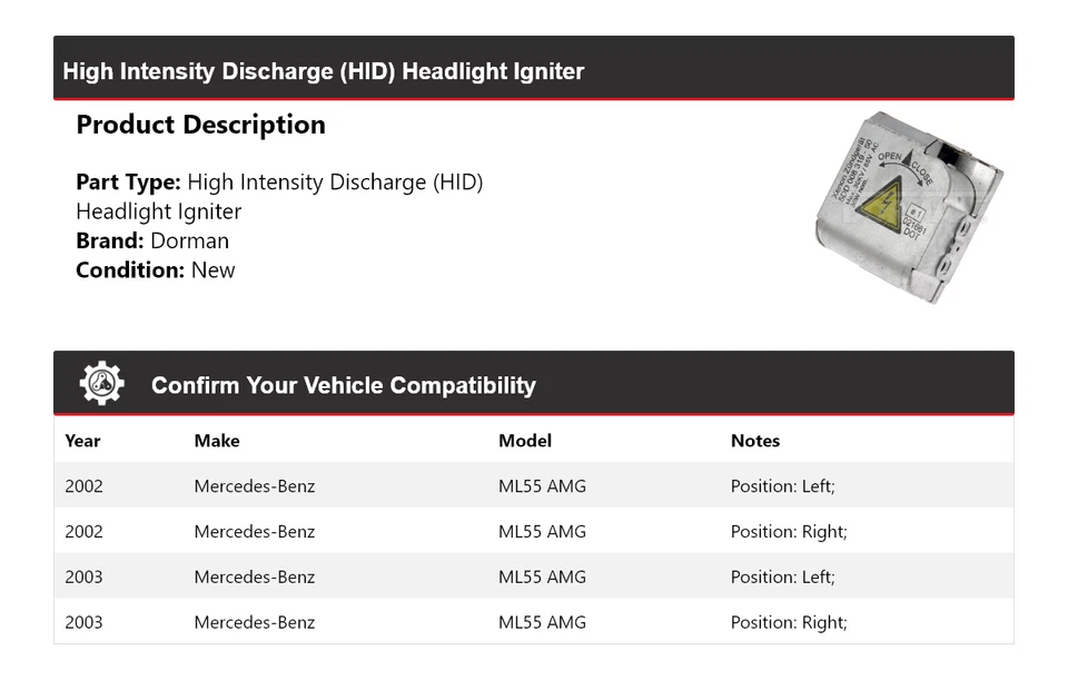 For 2002-2003 Mercedes-Benz ML55 AMG Dorman HID Headlight Igniter - Image 2 of 4
