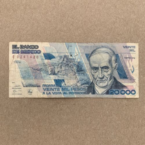 1980's Mexico 20000 Pesos Banknote, Gate of Yaxchilan, Tulum Maya Ruins