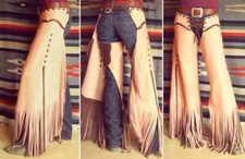 Western Cowgirl Handmade Lace Up Real Leather Fringe Chinks Chaps, Rodeo Outfits