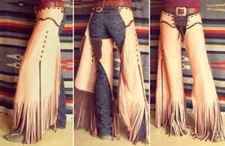 Western Cowgirl Handmade Lace Up Real Leather Fringe Chinks Chaps, Rodeo Outfits