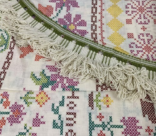 Vtg Sears Perma Prest Faux Embroidery Sampler Bedspread Fringe 92" X 110" - Picture 3 of 7