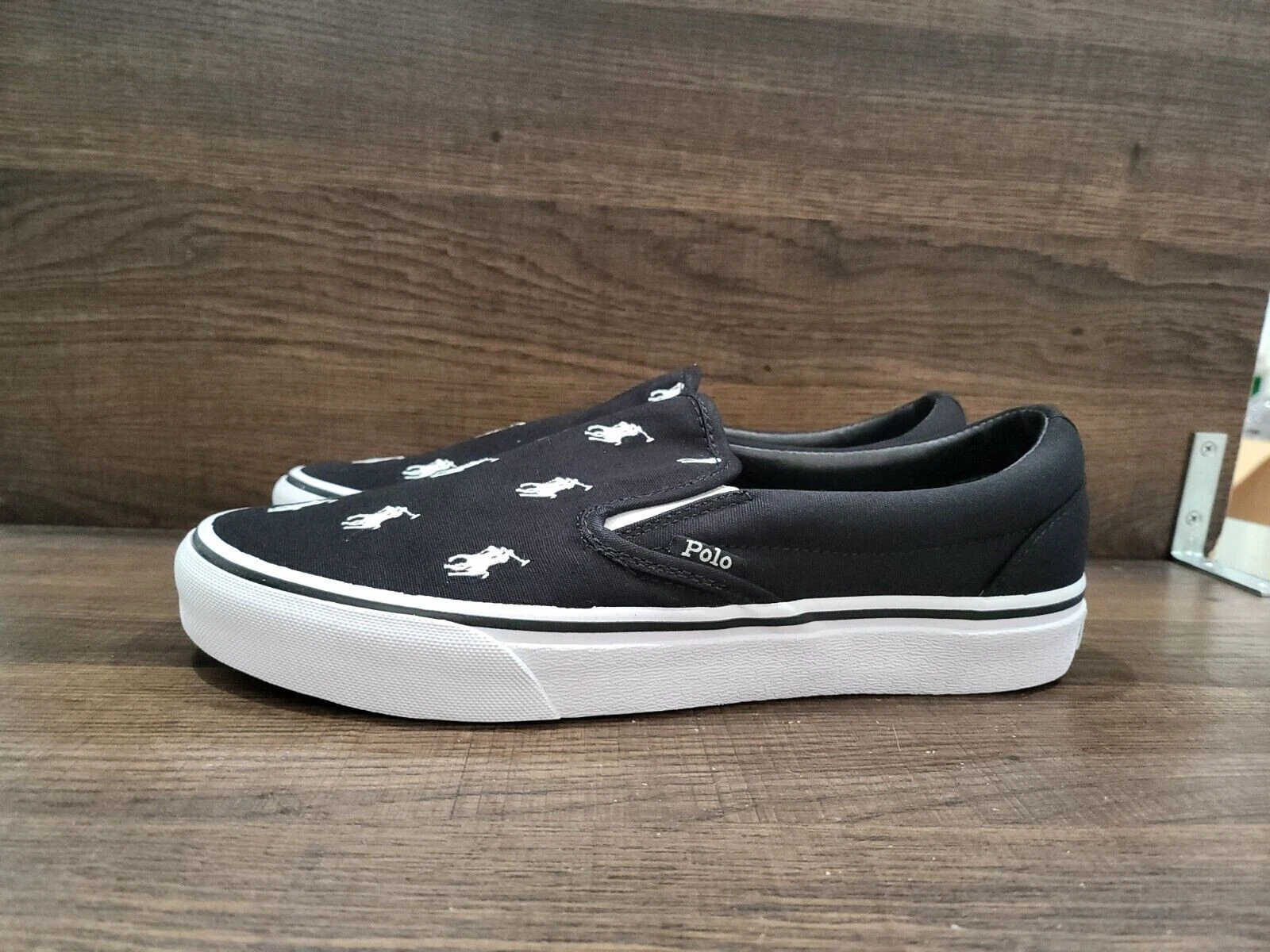 Polo Ralph Lauren Keaton Allover Pony Slip-On Black White Shoes Size 9.5D NIB
