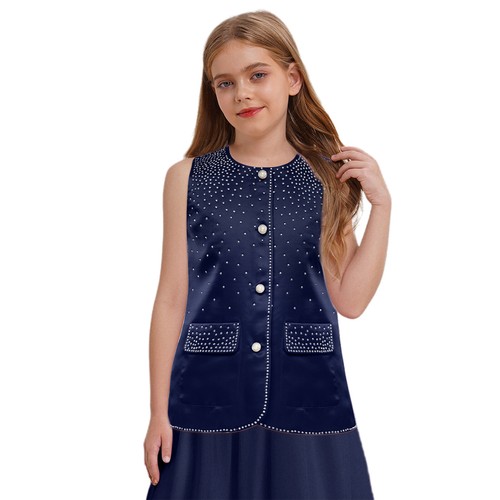 Kids Girls Sparkle Vest Round Neck Sleeveless Singe Breasted Dress Waistcoats - Picture 23 of 65