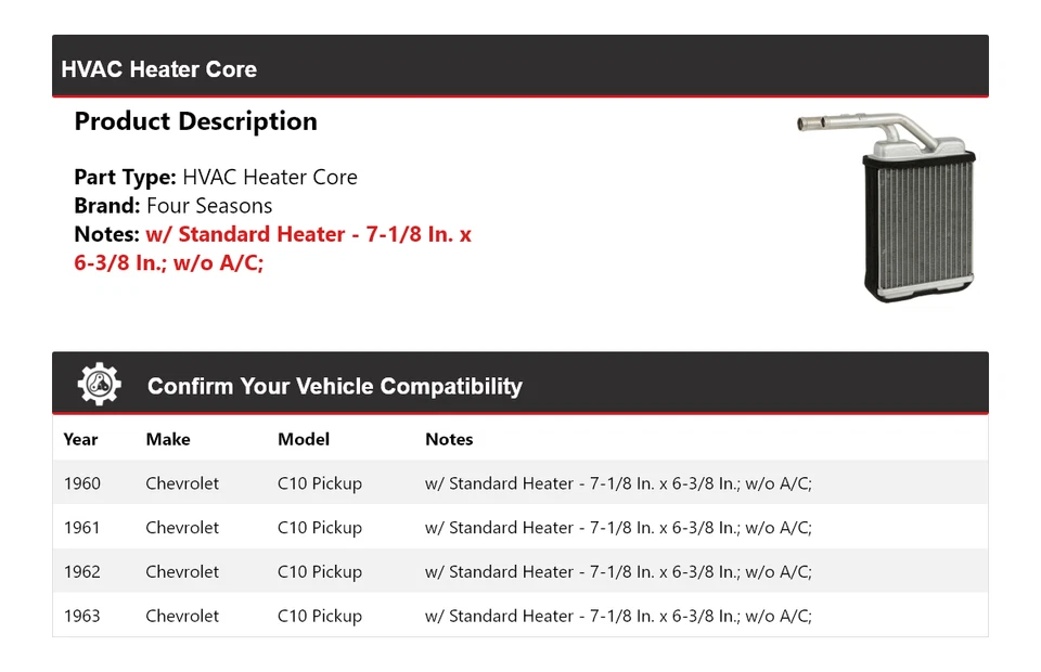 For 1960-1963 Chevrolet C10 Pickup HVAC Heater Core 4 Seasons 1961 1962 - Image 2 of 4