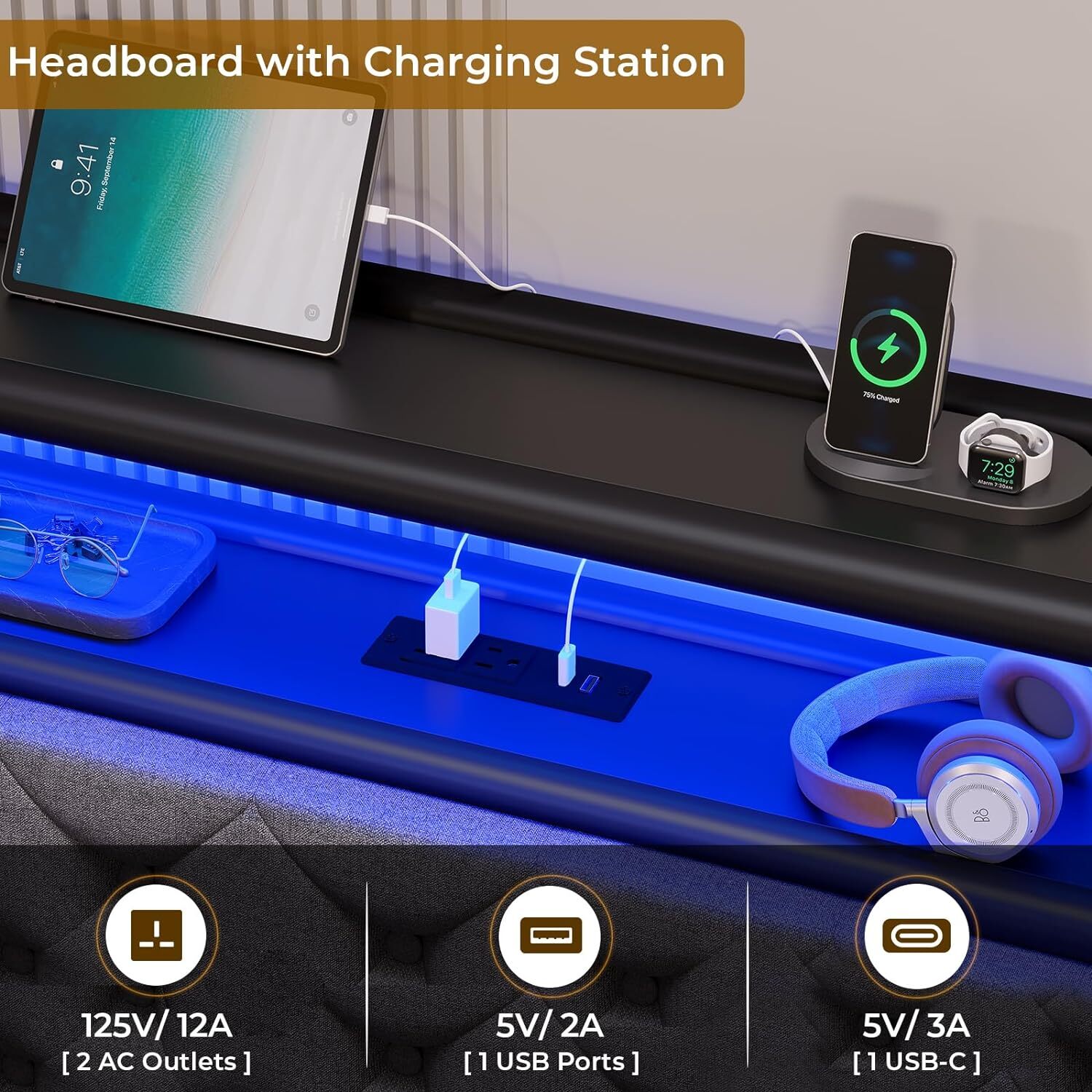 Queen Bed Frame with LED Lights Platform Bed King Size with Headboard