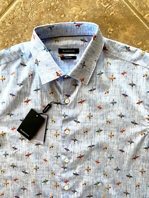 Bugatchi Shaped Fit Casual Shirt Men XL Blue w/Multicolor Surfer Print NWT $179