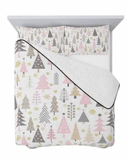 Christmas Pink Tree Quilt Full Queen Bedding Set, Contemporary Minimalist Gre...