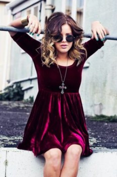 Women Etam Dress Burgundy Velvet 42 / XL