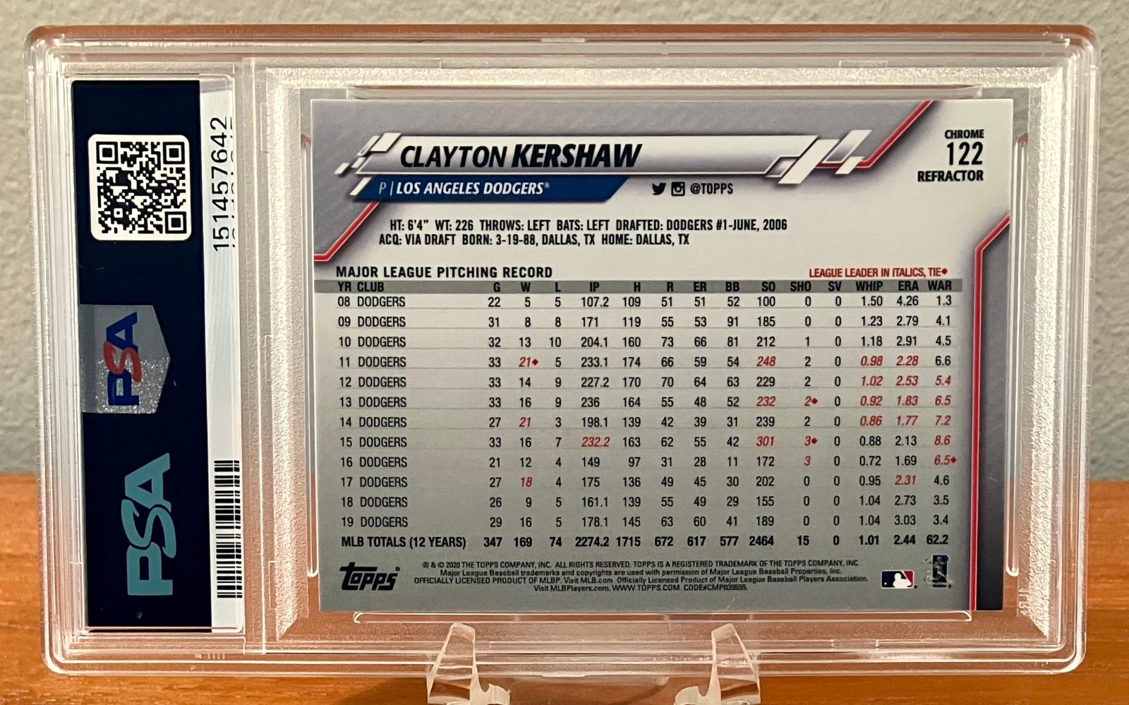2020 Topps Chrome Clayton Kershaw Refractor #122 PSA 10 GEM MINT view 2