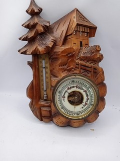 Vintage Wooden carved Black Forest barometer with chalet scene West Germany Made